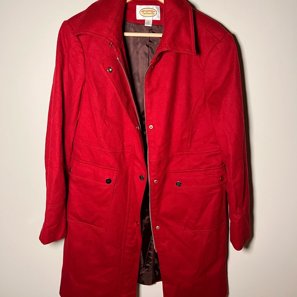 Talbots Red Wool Blend Zip Front Utility Pocket Coat Womens Size 14